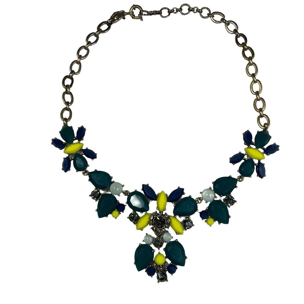 J Crew Dark Teal Yellow Rhinestone Opalescent Cabochon 19 3/4" Necklace‎